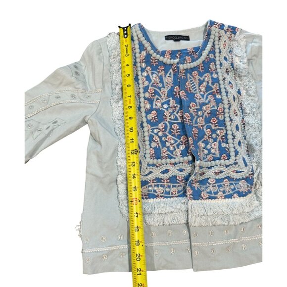 Indigo Moon Twill & Patterned Woven Trimmed & Embroidered Collarless Jacket |O1 - Picture 3 of 6